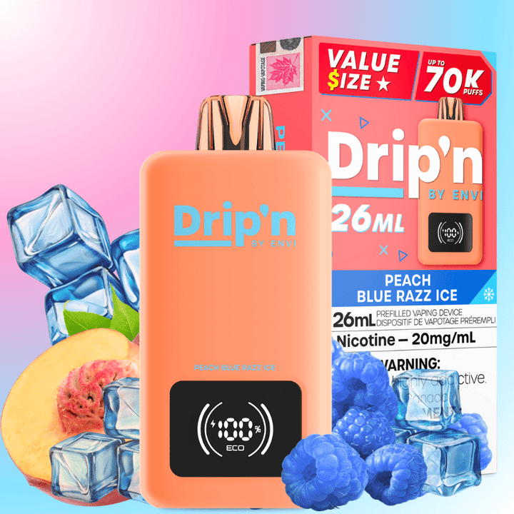 Drip'n by Envi 70K Disposable Vape - Peach Blue Razz Ice 26mL / 70000 Puffs / 20mg Vape Superstore Yorkton Saskatchewan