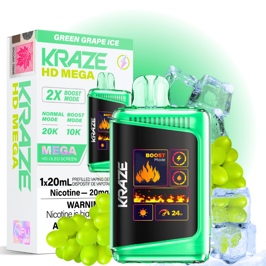Kraze HD Mega 20k Disposable Vape - Green Grape Ice 20000 Puffs / 20mg Vape Superstore Yorkton Saskatchewan