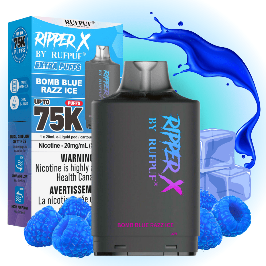 RufPuf Ripper X 75K Turbo Pod - Bomb Blue Razz Ice 20mL / 75000 Puffs / 20mg Vape Superstore Yorkton Saskatchewan