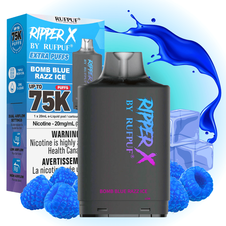 RufPuf Ripper X 75K Turbo Pod - Bomb Blue Razz Ice 20mL / 75000 Puffs / 20mg Vape Superstore Yorkton Saskatchewan