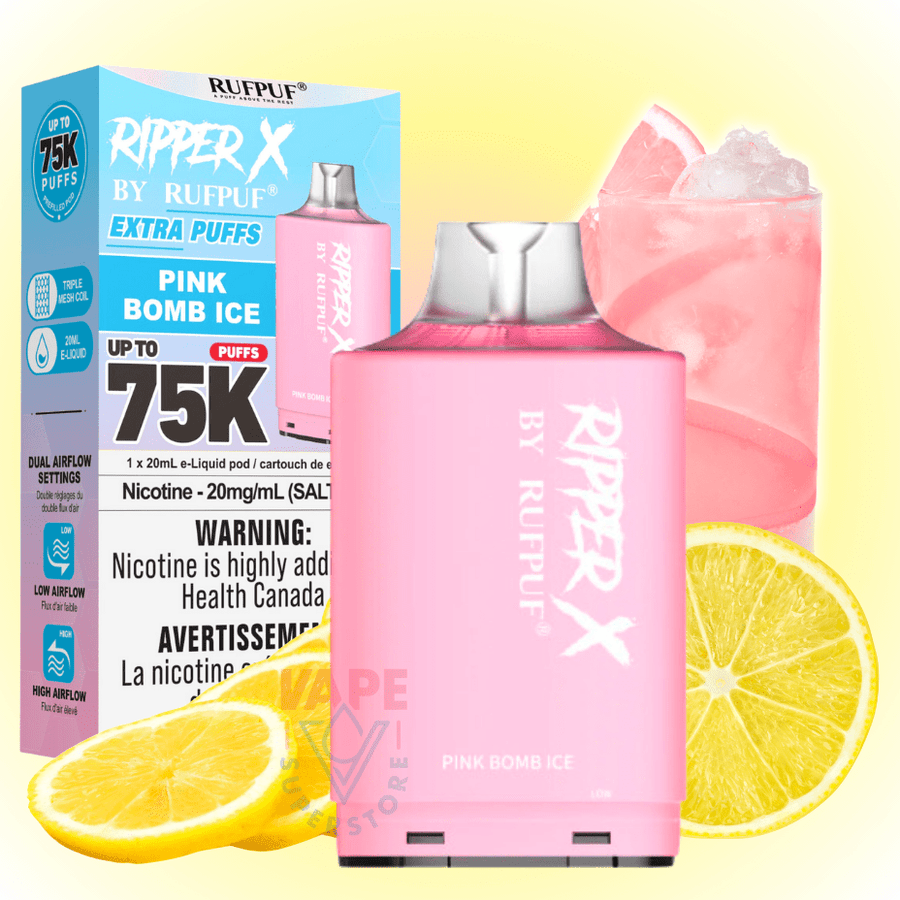 RufPuf Ripper X 75K Turbo Pod - Pink Bomb Ice 20mL / 75000 Puffs / 20mg Vape Superstore Yorkton Saskatchewan